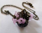 Large Purple Amethyst Faceted Crystal, Vintage Antique Bronze Birds, Flower Dangle, Chain Necklace