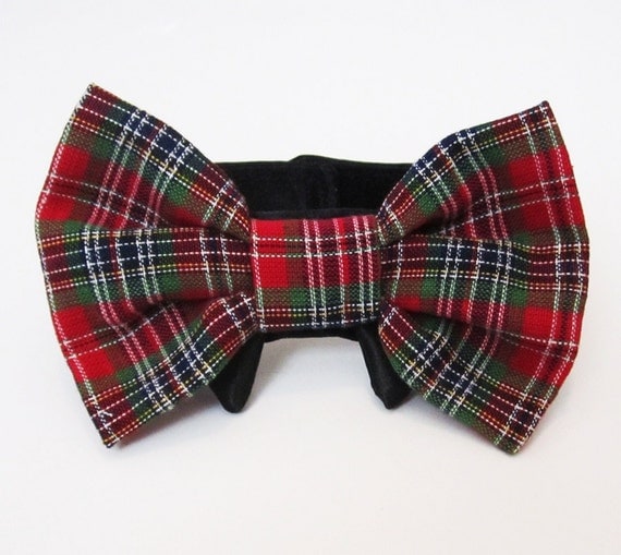 Dog Bow Tie Christmas Plaid with Black Satin Collar by miascloset