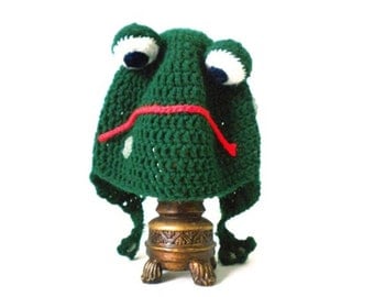 Crochet Hat - Adjustable Cartoon Frog Hat in Jade Green with Eyes and Short Legs - Crochet Hat for Baby / Toddler / Boy / Girl / Man / Woman