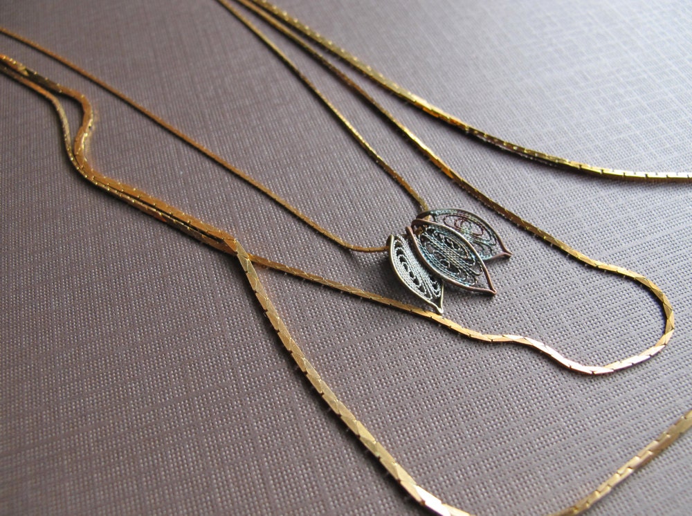 Triple Strand Leaf Necklace 1970s Brass Snake Chain Patina Leaf Charms Featured on FAB.COM Leaf Necklace Layered Necklace by Glamourpuss
