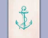 Anchor Print in green turquoise,  11X14  LARGE SIZE, Marine and  Nautical art,  Mixed Media Collage  Print, Coastal Living