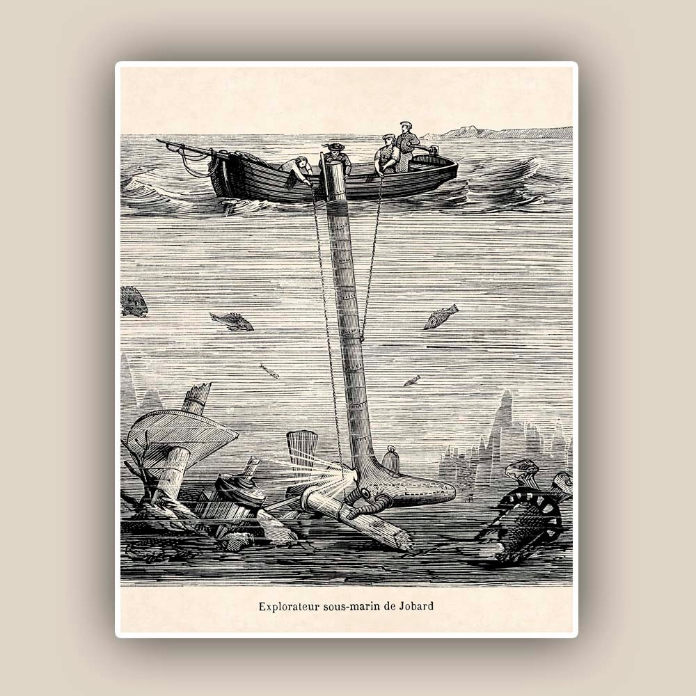 Nautical Prints History of diving Underwater Explorer of Jobard antique french illustration, Coastal Living Sea related print