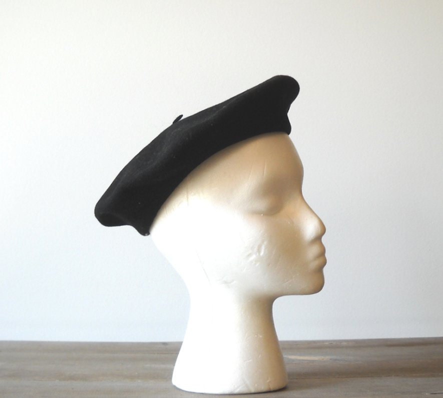 Vintage Black Wool Beret - St. George England - Featured Item