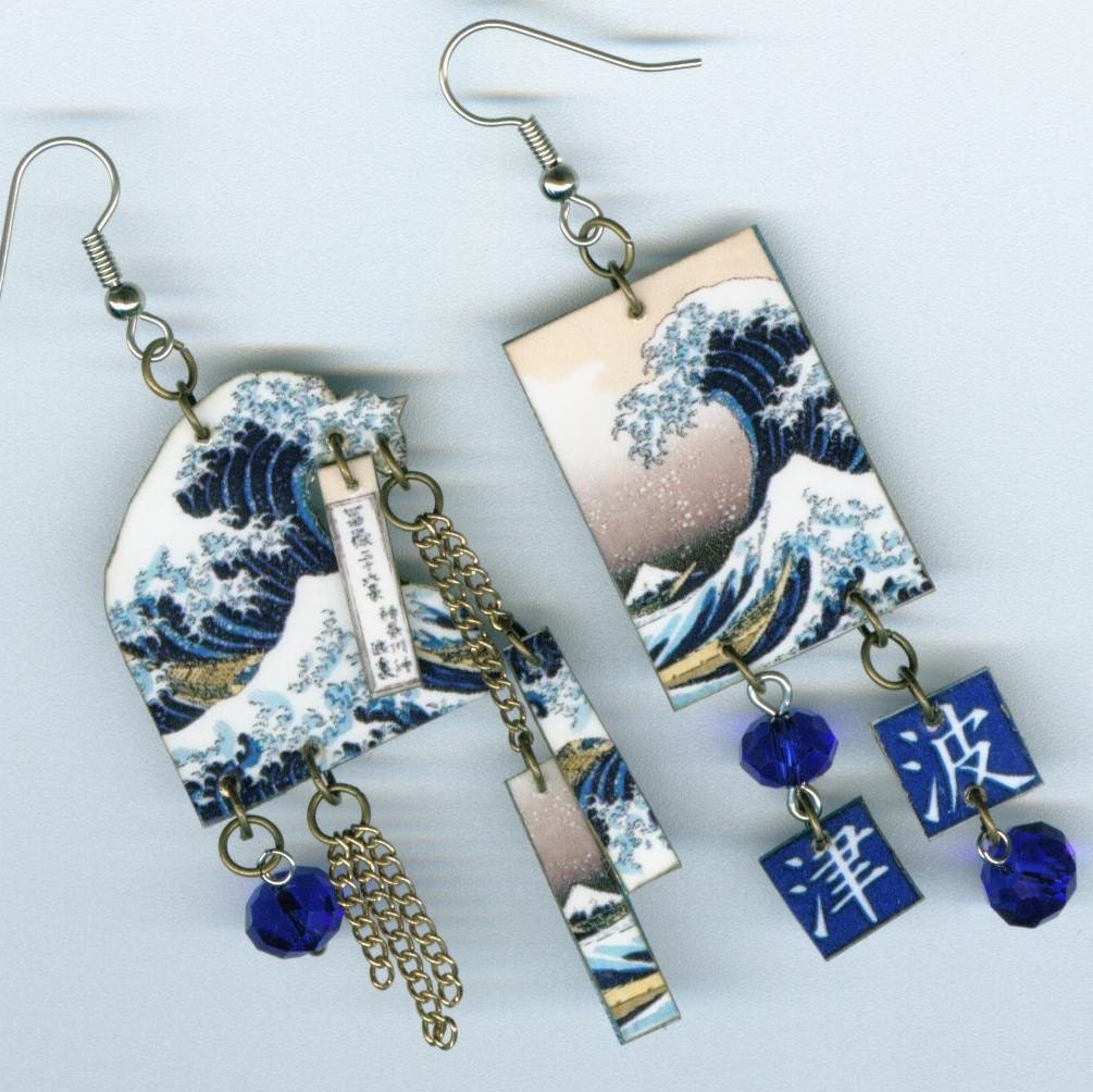 The Great Wave Earrings Asymmetrical Altered Art Japanese Hokusai