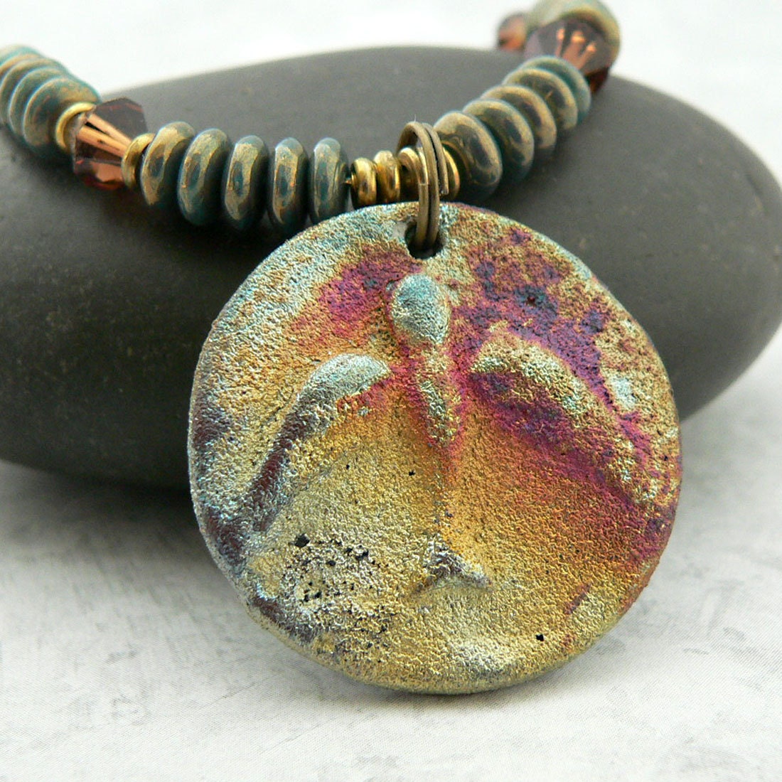 Raku Swallow Pendant Necklace with Swarovski and Czech Glass Beads