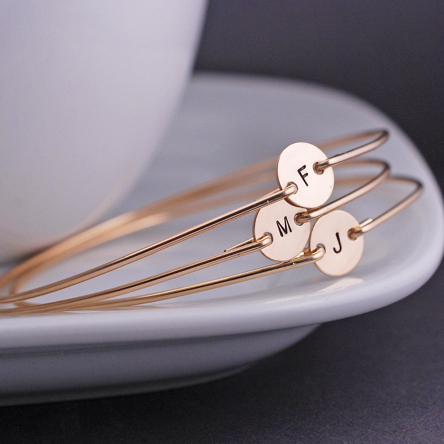 Personalized Bridesmaid Jewelry, FOUR Hand Stamped Initial Bridesmaid Gifts, Gold Bangle Bracelets