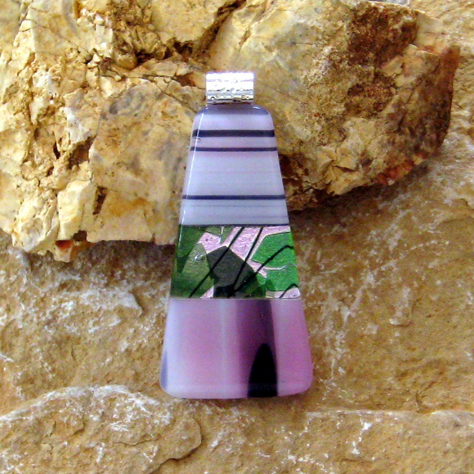 Fused Glass Pendant, Dichroic Jewelry, Pink and Cream Fused Glass Slide