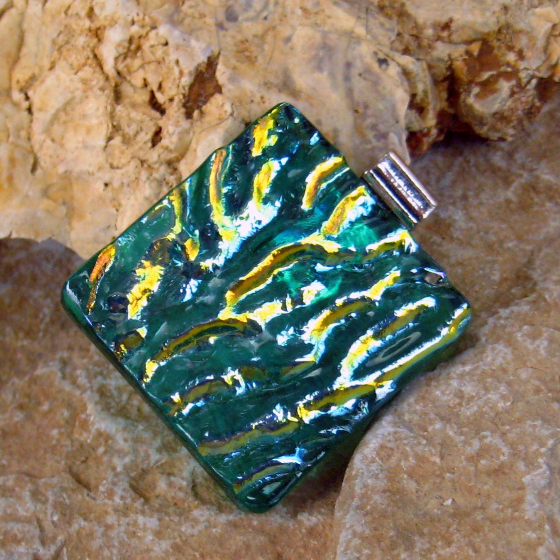 Fused Glass Dichroic Pendant, Square Dichroic Glass Pendant, Green and Gold Glass Necklace