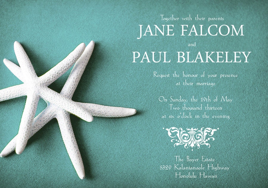 75 Wedding invitation cards 5x7 - WHITE STARFISH on teal