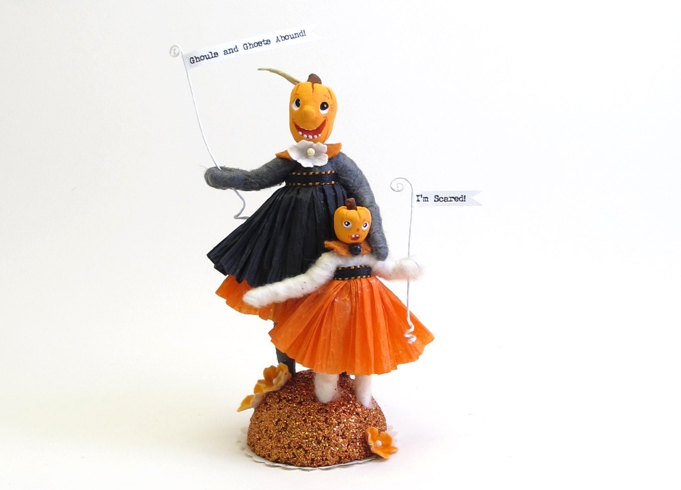 Spun Cotton Vintage Inspired "The Vine Family" Halloween Pumpkin Girl and Mom Figures with Paper Mache Heads OOAK