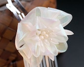 Iridescent Large Plum and Chrysanthemum Blossom Tsumami Kanzashi Clip with Ginbira Danglings