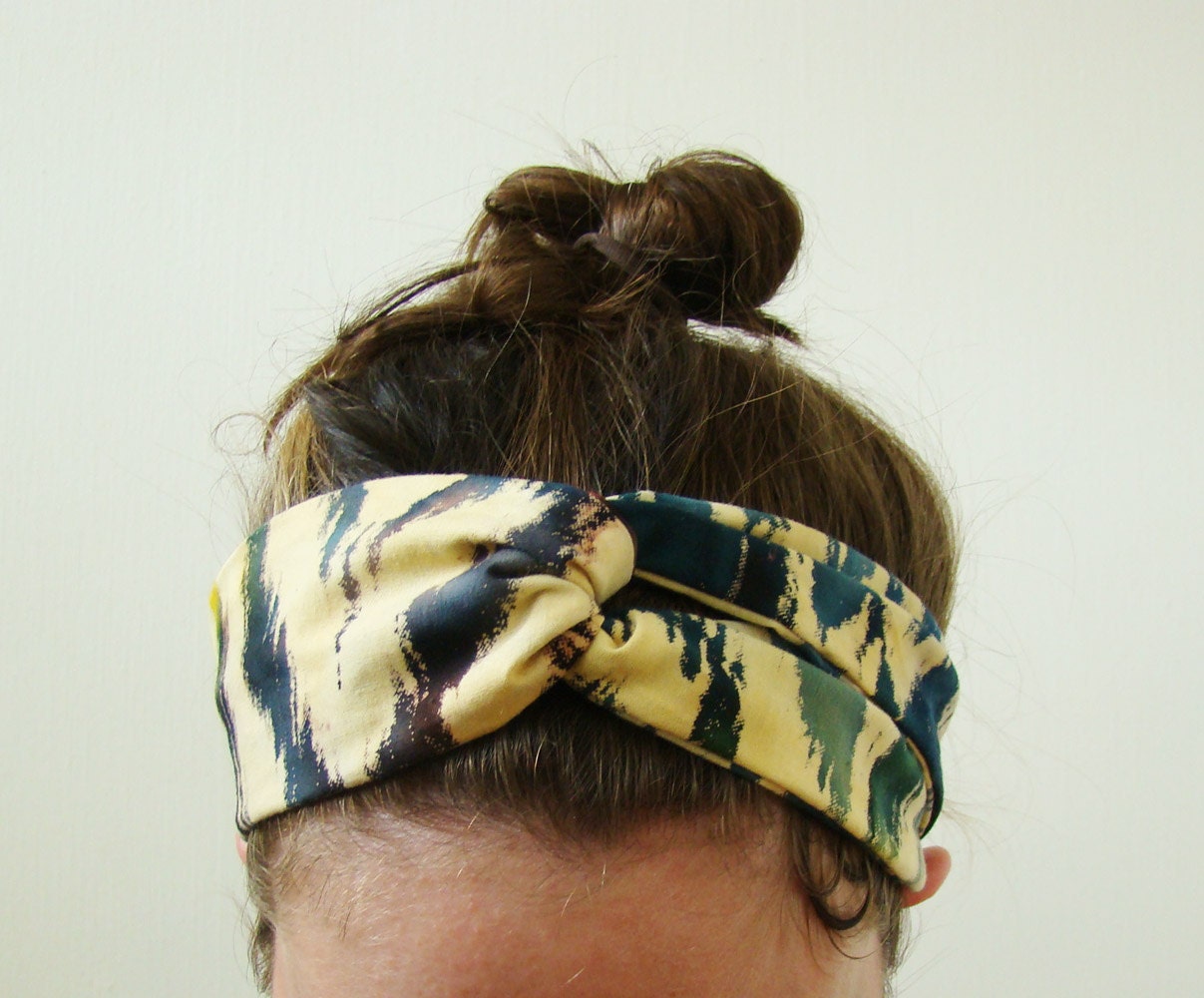 Turban Headband in indigo, green, yellow, and cream ikat print cotton