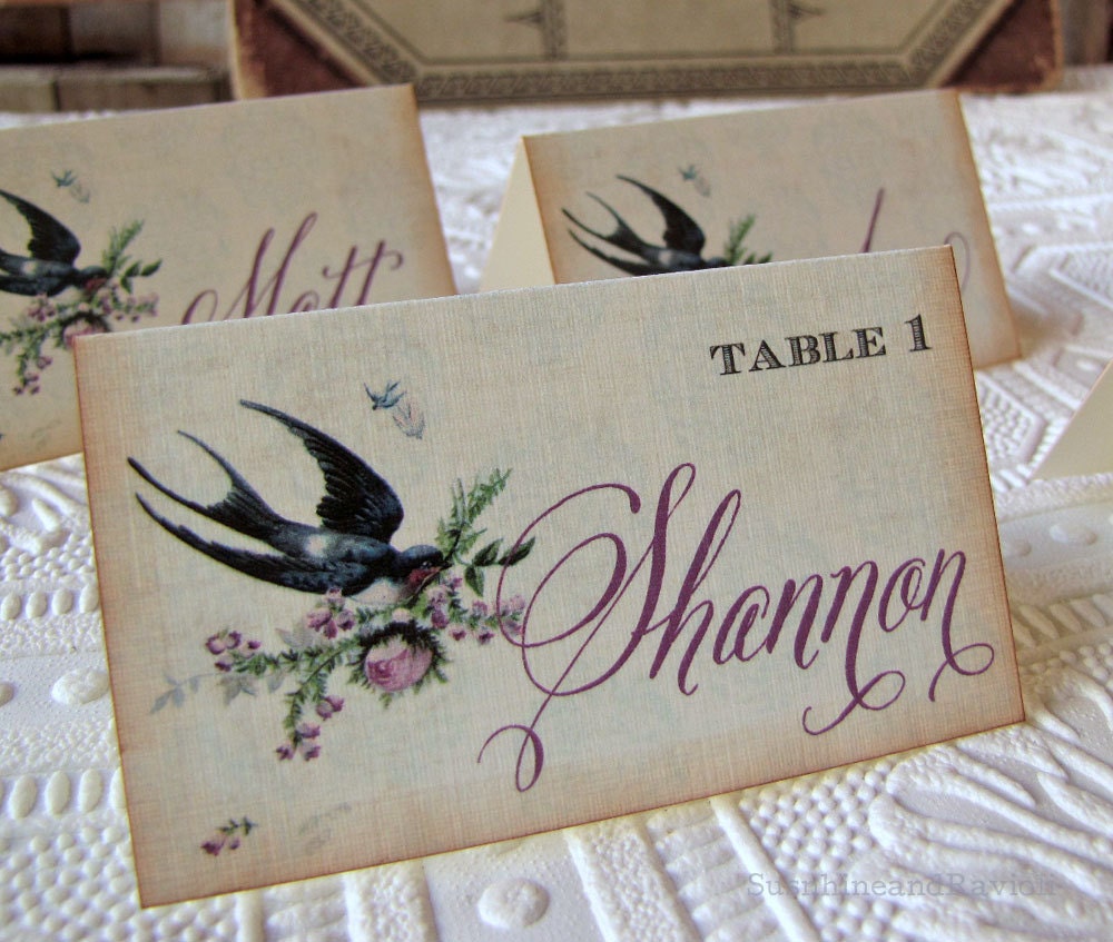 Wedding Escort or Place Card Vintage Barn Swallow and Roses