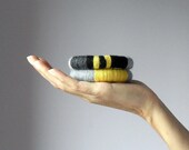 Knitted Bracelet Grey Gray Black Yellow - Fiber Art Textile Bangles - Handmade - ETHNIC (12)