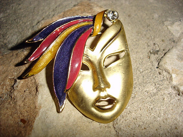 UNMASKED MASQUERADE - 1980s flapper enamel rhinestone mask brooch