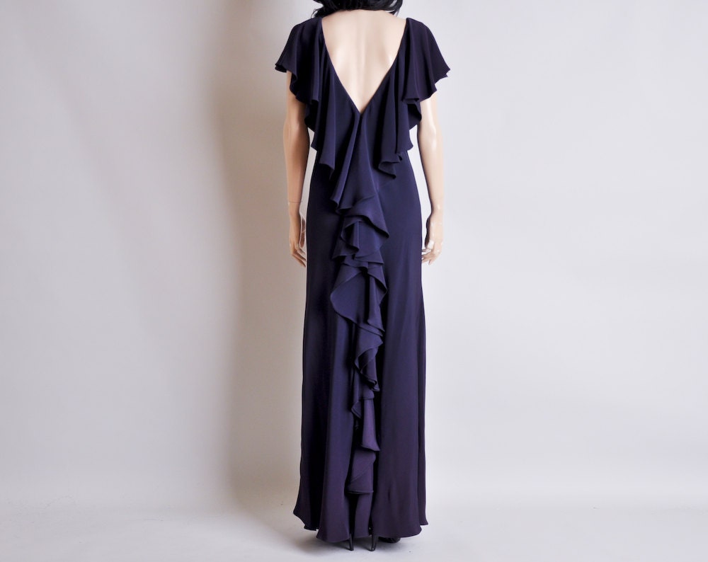 MOLLIE PARNIS navy blue cascading ruffle floor length gown / s