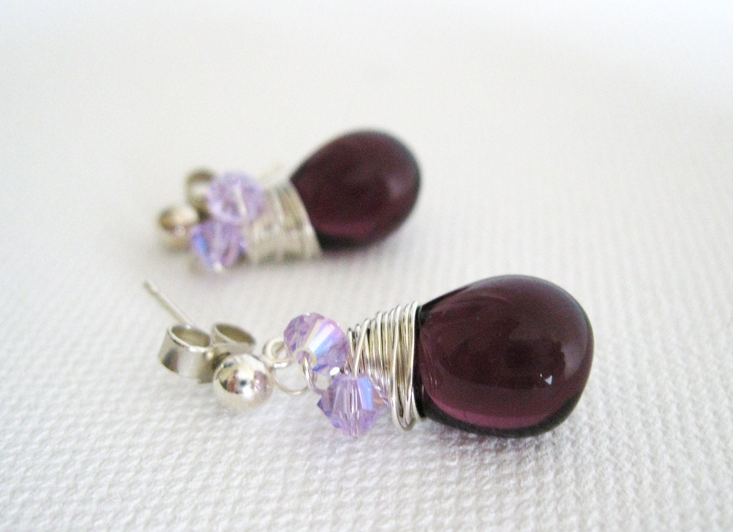 Plum Purple Briolette and Sterling Silver Stud Earrings - UK Seller