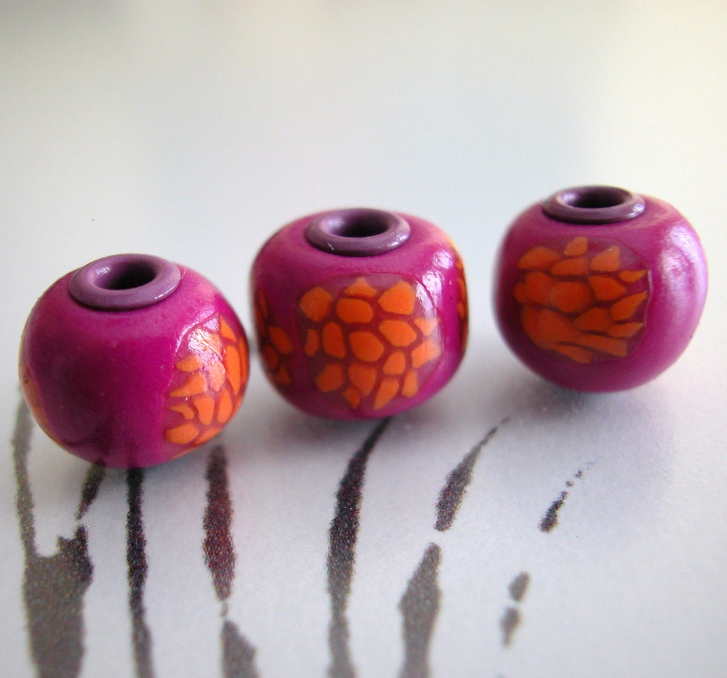 Purple Round Bead Rondelle Fall Handmade Polymer Clay Orange and Purple