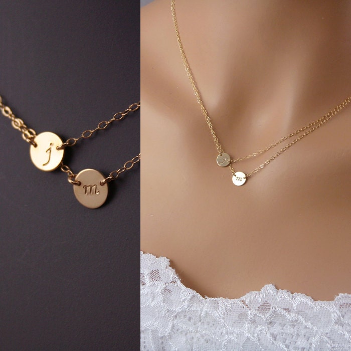 2 Initials Necklace - Personalized Necklace - Two Charms Discs Necklace - 14k gold filled Initial Necklace