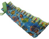 Crayon Roll Up Organizer Holds 16 Crayons, Easy for Little Hands - Hook & Loop Closure, Blue Green Stripes and Fish