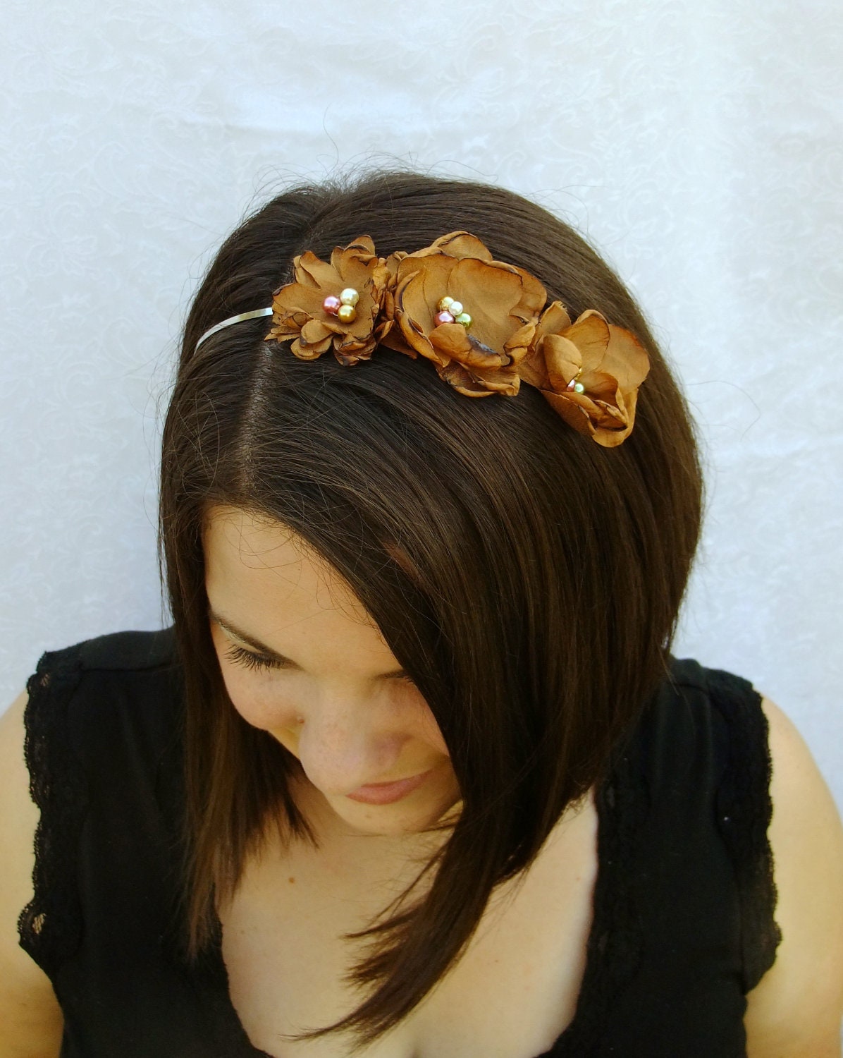 Fabric Flower Headband, Caramel Flower Headband, Light Brown Flower Headband, Pearl Cluster Flower Headband