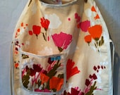 Childs Flower Apron - handmade, smock, art, cooking, red, orange, pink, olive, pocket, girl