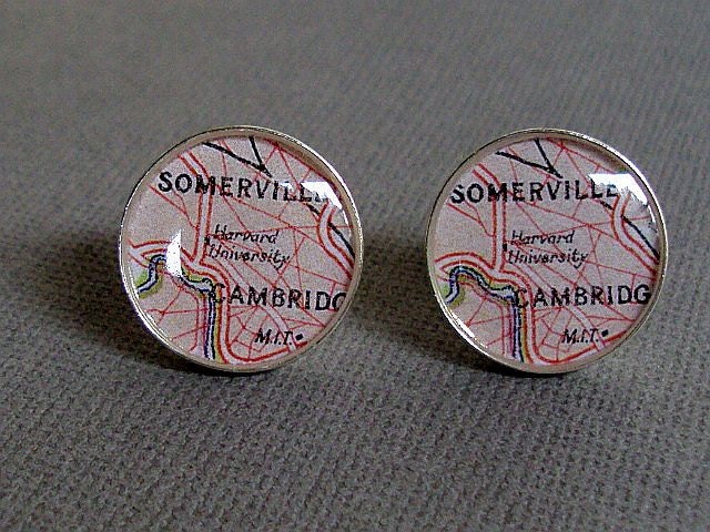 Sterling Silver Heirloom Map Cufflinks Harvard University Cast One Piece Cambridge Vintage Atlas