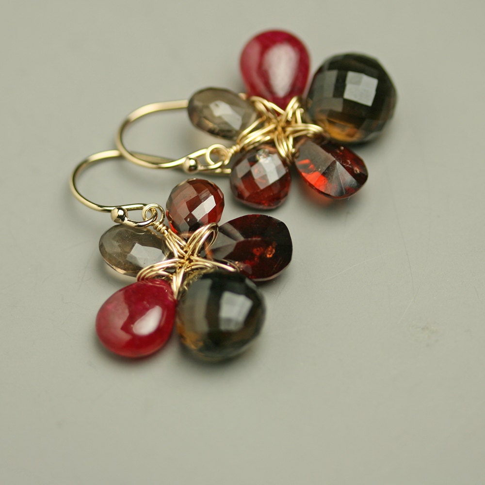 Ruby, Garnet and Smoky Quartz Flower Earrings by Fuss Jewelry