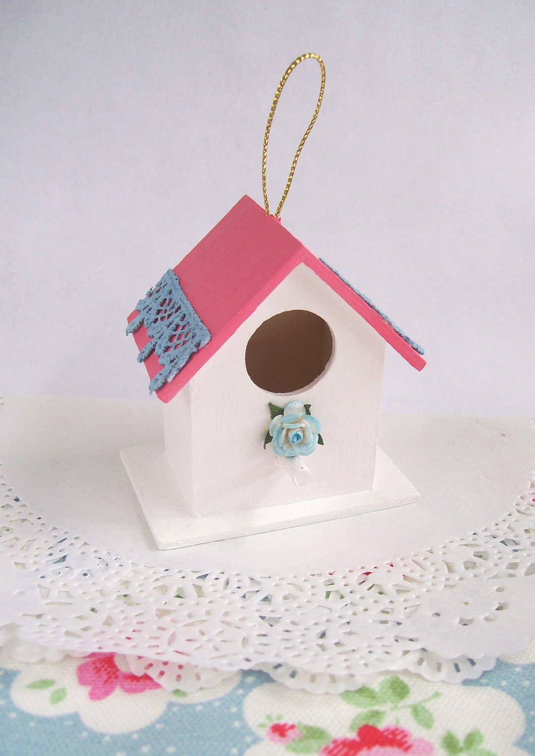 Party decor favor miniature wood birdhouse ornament pink white & blue