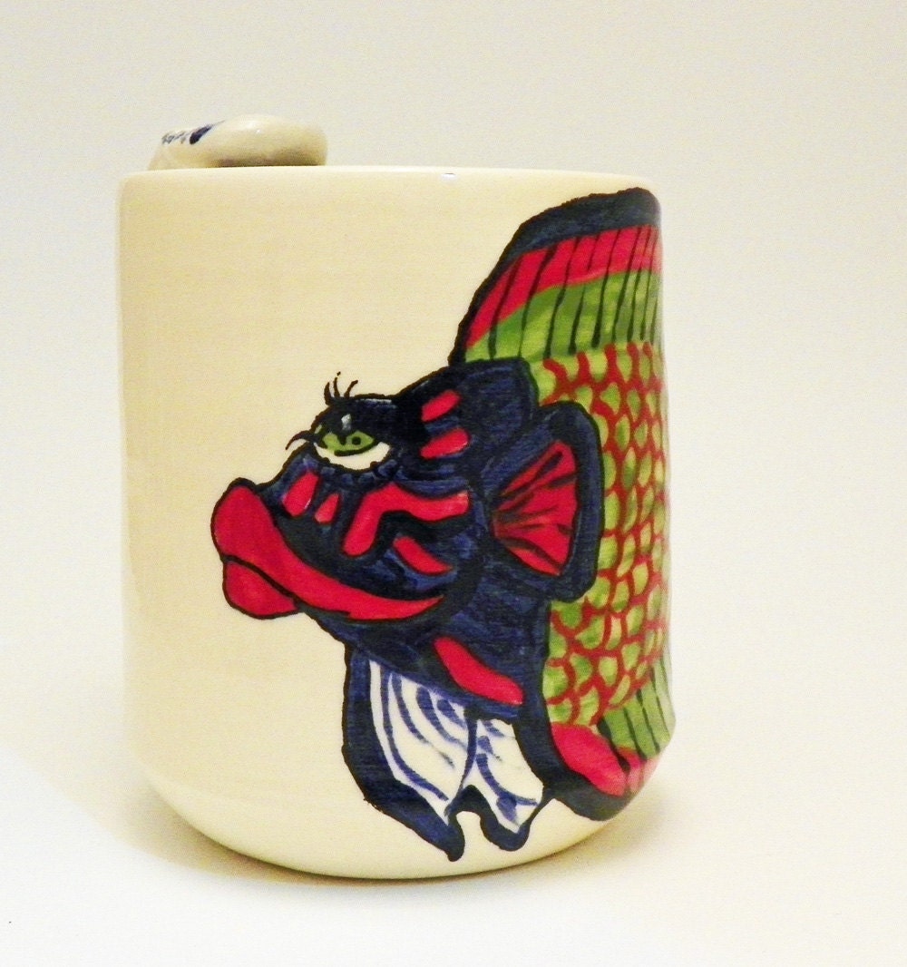Ceramic Mug Coffee Cup with Handpainted Fish 16 Ounces Made to Order