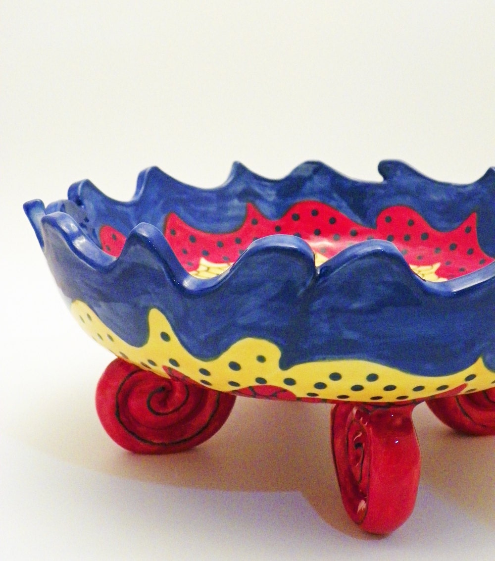 Large Ceramic Bowl Wheel Thrown Yellow Red Blue Made to Order