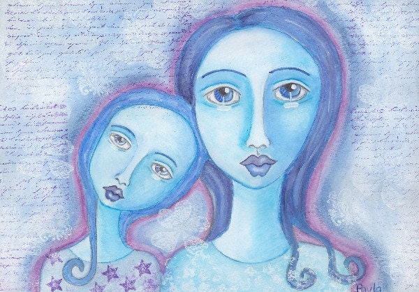Mother and Daughter Mixed Media Art, Original Folk Art, Blue, Watercolor, Wall Art - Being There