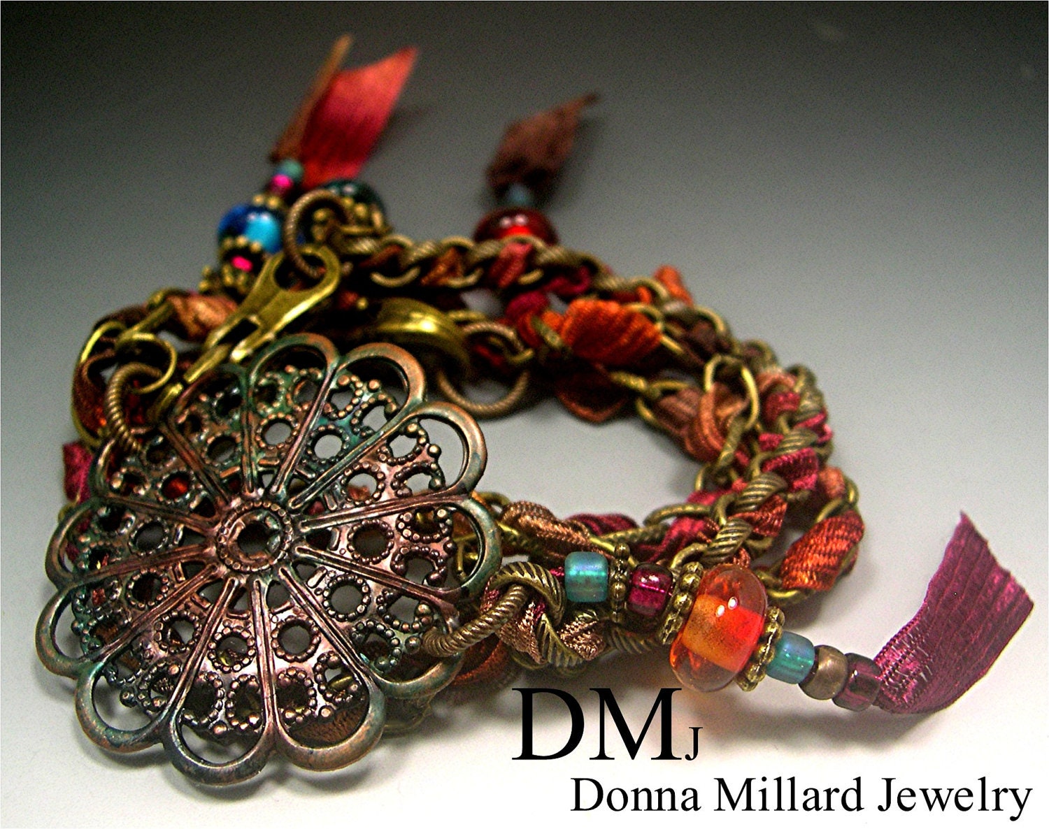 HANDMADE LAMPWORK WRAP Bracelet 2 bangle lamp work glass beads brass vintaj vintage boho donna millard gypsy rose