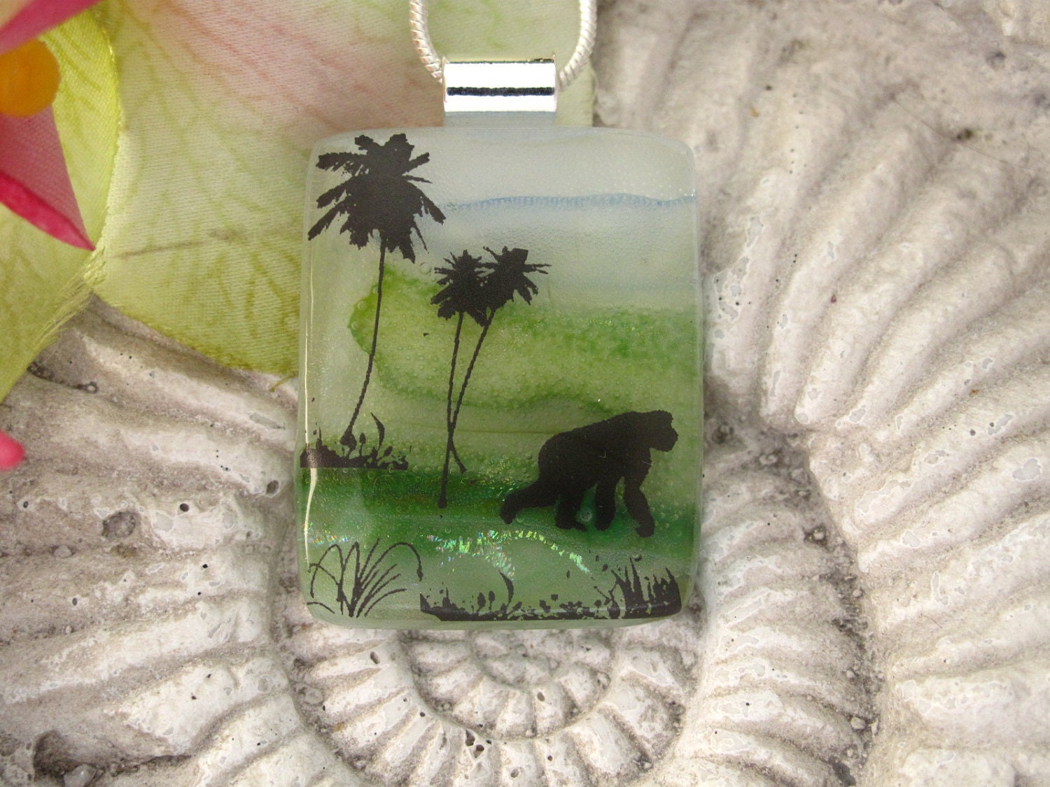 Gorilla Necklace - Jungle -  Dichroic Glass Necklace- Dichroic Fused Glass Jewelry - Fused Glass Nature  091712p105