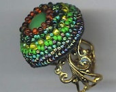 Beaded Ring .Green Cat's Eye Cabochon . Beadwoven Ring . Statement Cocktail Ring - Walking on the Green Grass by enchantedbeads on Etsy