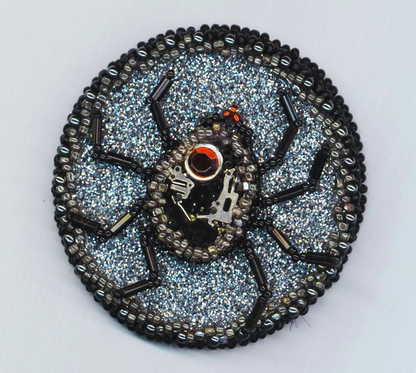 Steampunk Beadwoven Spider Brooch Steam punk Quartz Watch Mechanism Rhinestone Fall Halloween- Itzy Bitzy by enchantedbeads on Etsy