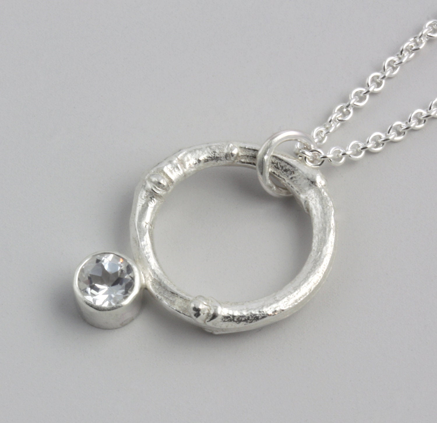 ON SALE - 50% OFF - Silver Twig Pendant - Circle Twig - White Topaz - Organic Jewelry - Bridesmaid Gift - Natural Wedding - Ready to Ship