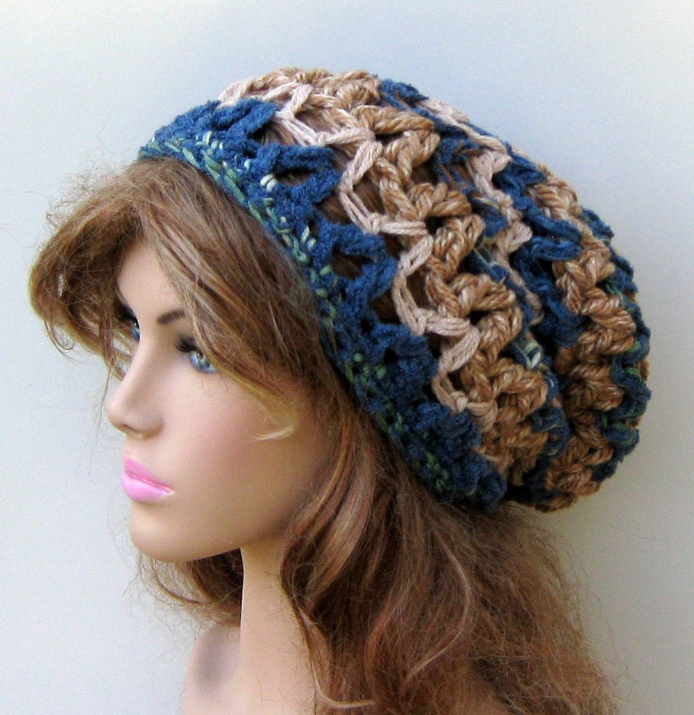 Pecan blue slouchy beanie BoHo Hippie Hat bohemian chunky crochet