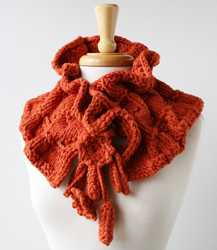 Fall Winter Women Fashion - Fiber Art Scarf - Luxurious Merino Wool Knit Scarflette - Persimmon Orange - TickledPinkKnits