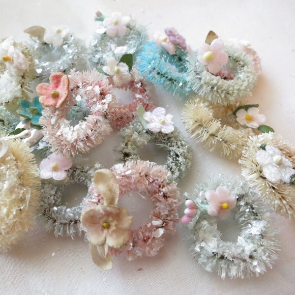 3 mini pastel 1-1/2" bottle brush wreaths with vintage millinery