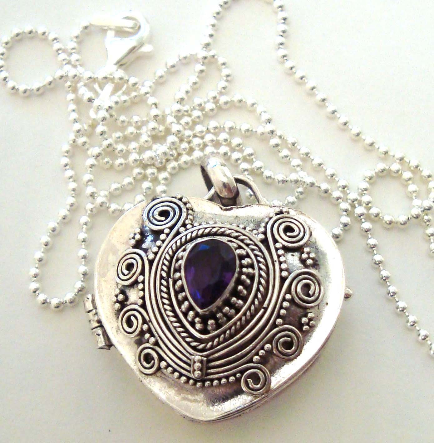 18" Sterling silver heart locket keepsake pendant with amethyst & 18" Italy bead chain - Katybeads