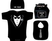 Baby Toddler Newborn Tuxedo Onesie Tie bib Lil Man Hat Gift Set Wedding