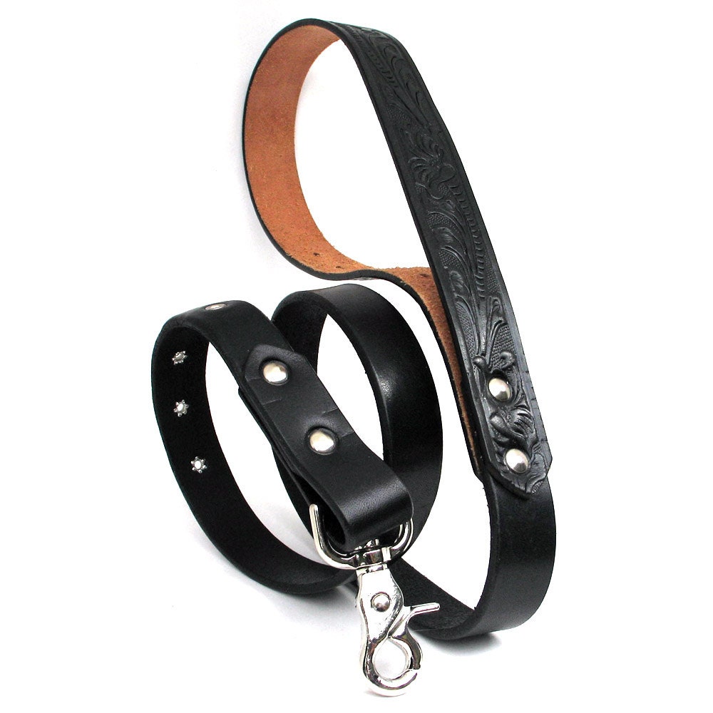 Black Leather Leash with Western Tooled Handle, EcoFriendly, Lead, Pet Supplies, Dog, OOAK