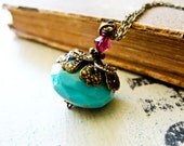 C A R E L E S S. C A L M... Turquoise picasso czech glass, pink crystal on brass necklace