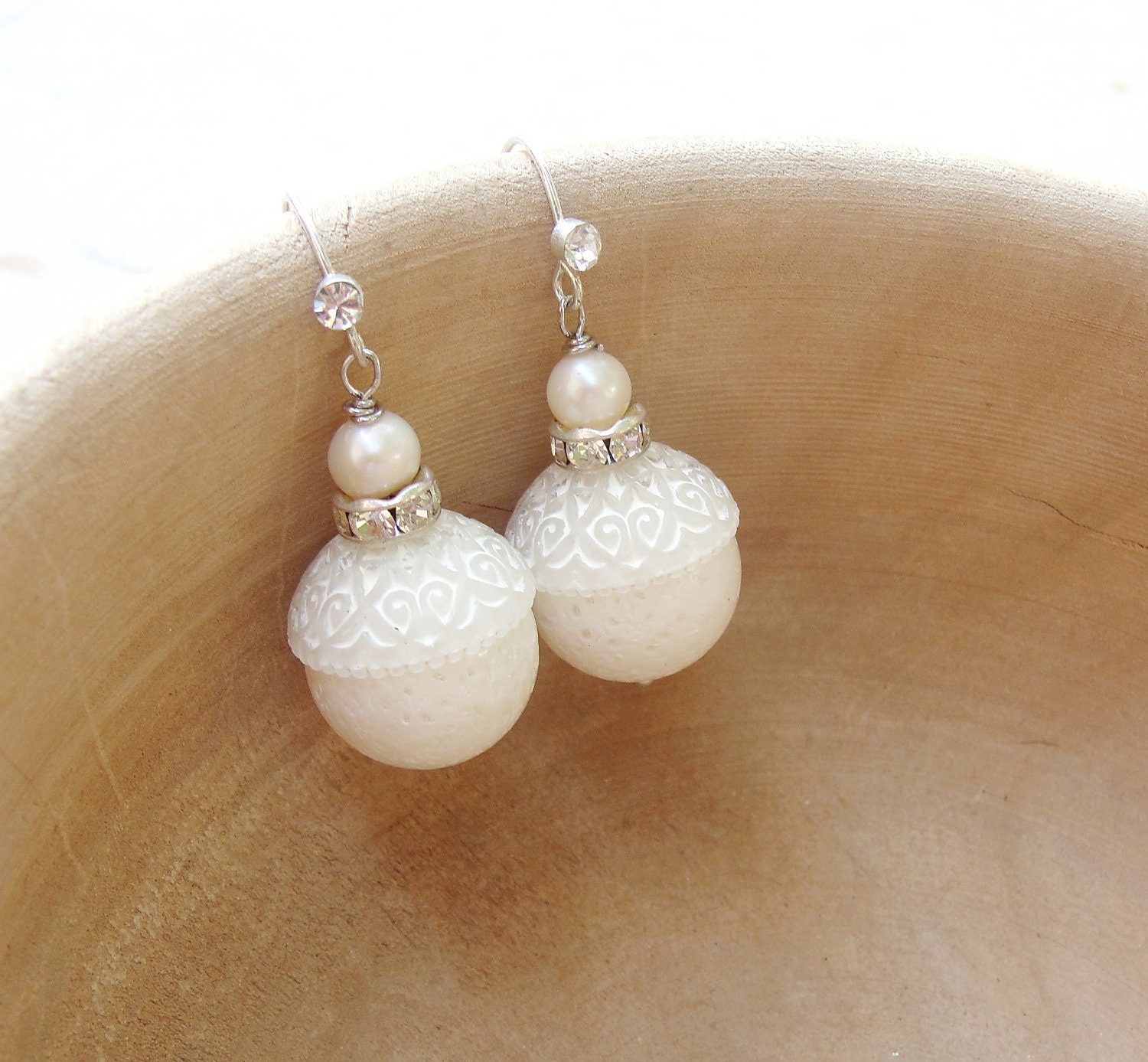 White Coral Earrings - White coral, Pearls, Rhinestones - Bridal Earrings