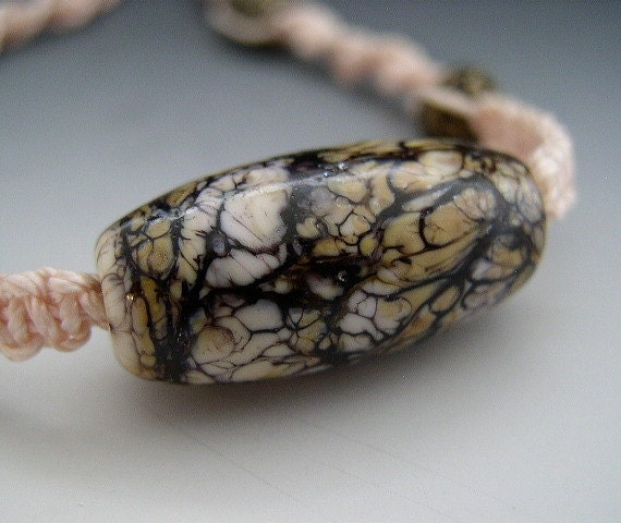 Aria - Sand Dunes - Handmade Lampwork Beads Bronze Macrame Necklace - Cream Purple Bronze Black Webbing