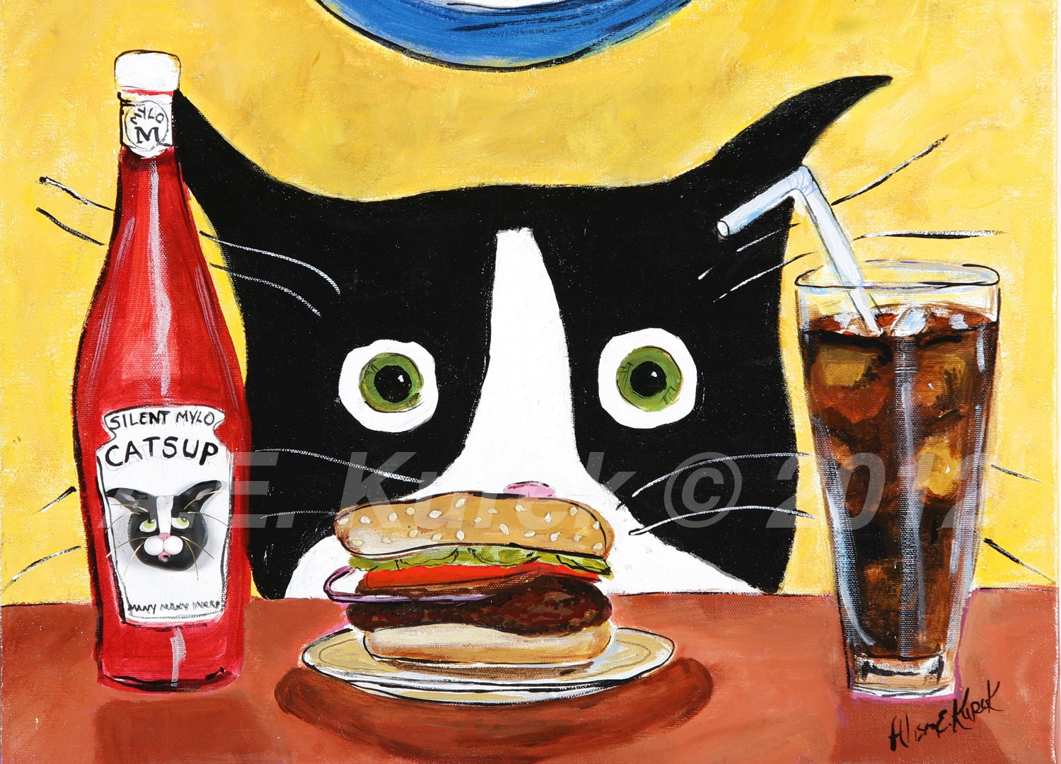 Cat Art - Tuxedo Cat with Hamburger - 5x7 Print of Original Painting