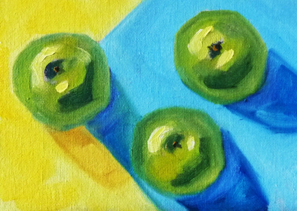 Original Abstract Still Life Painting, Green Apples, Yellow and Blue, Kitchen Art, Kitchen Decor, Small 5x7, Oil Painting, Wall Decor