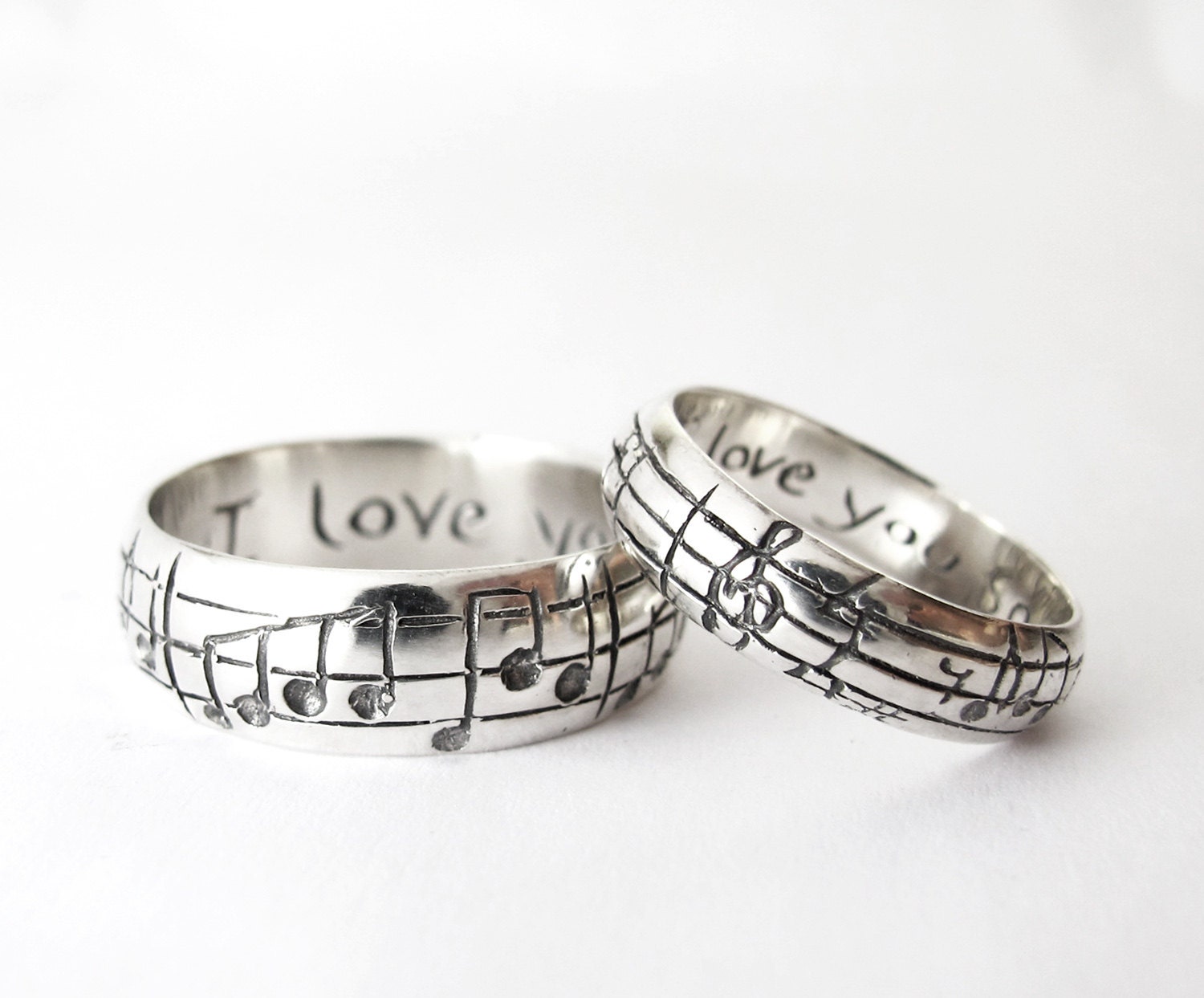 Your Song Wedding Bands - High End - Sterling Silver - Personalize - Made to Order - Real Music matches your song