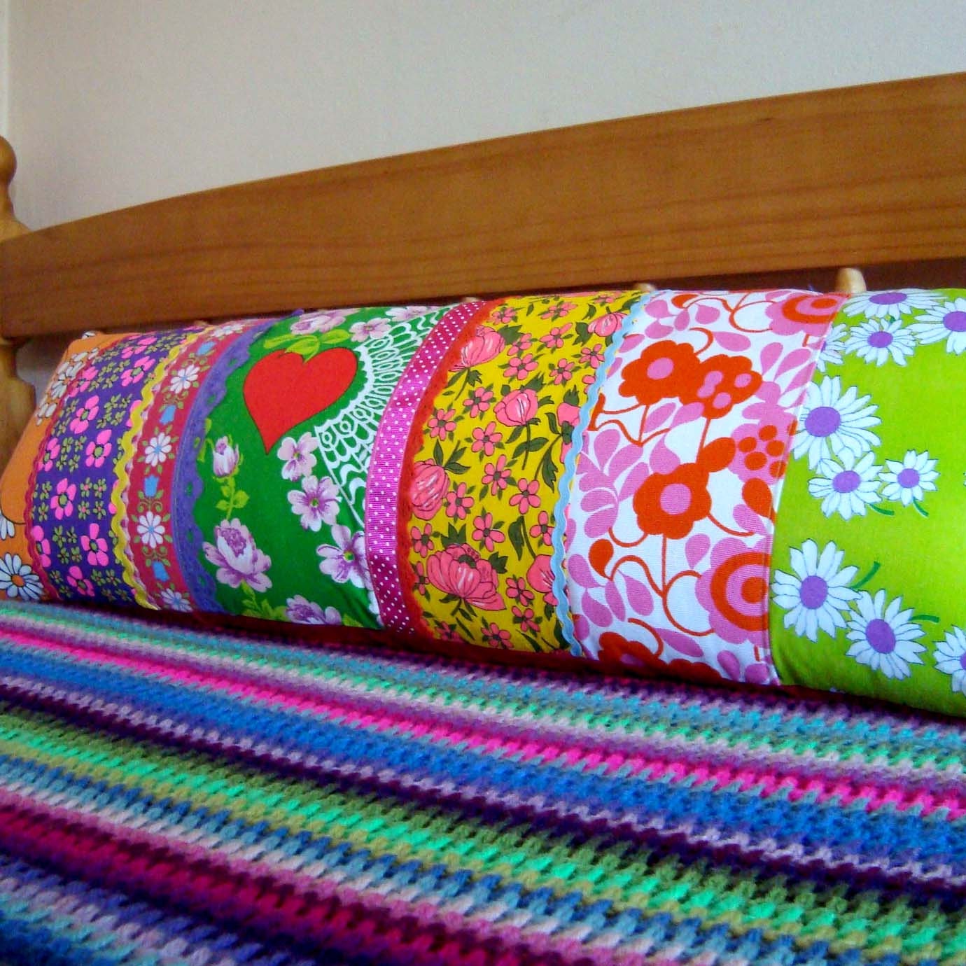 Long  Vintage Patchwork Pillow / Cushion Cover - Extra long bolster style oblong - Super Bright Hearts and Vintage Florals